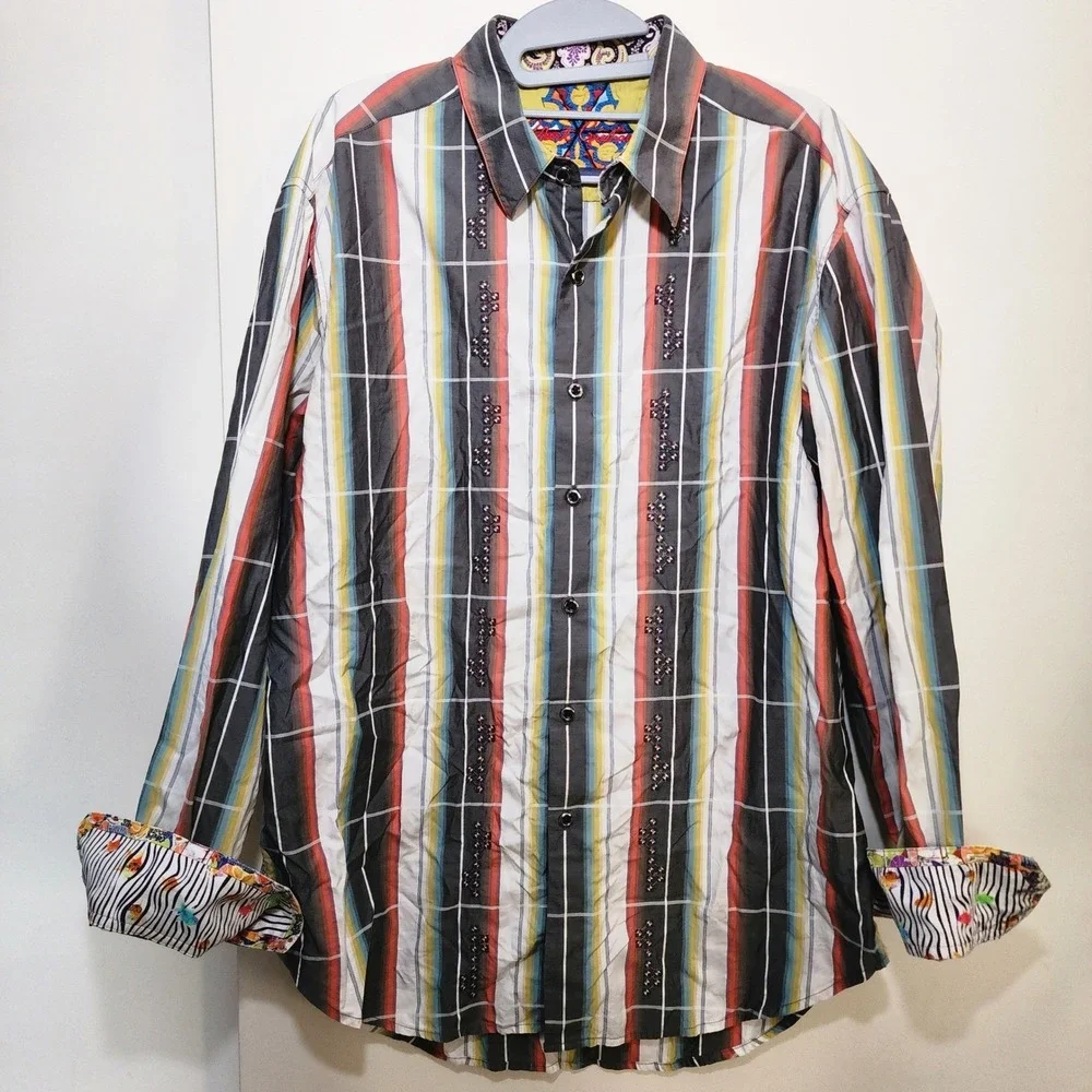 Robert Graham Button Down Mens L Multi Color Good Striped Embroidered Plaid Cuba